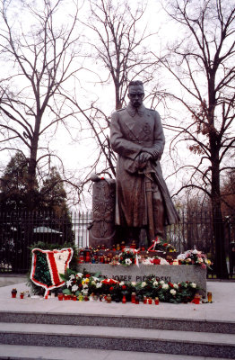 Jozef Piludski monument at the entrance to Royal Lazienki Park.