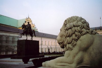 Close-up of a stone lion which graces the forecourt of the Viceroy's Palace in Warsaw.