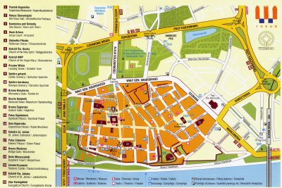 Map of Torun showing Old Town and its sights.
