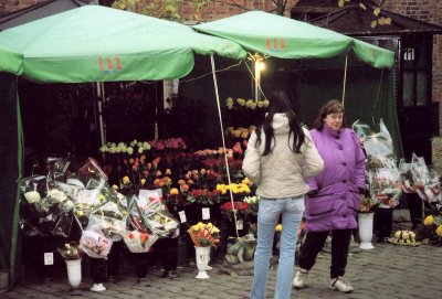 Flower vendors in front of the Town Hall.  It was a cold November day and threatened to rain.