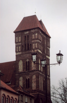 Close-up of the split tower of the Gothic Church of St. Jacob.