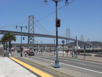 The view from the same light rail platform northward.  The Bay Bridge in the background
