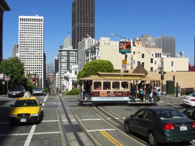 Looking towards the Financial District on Nob Hill at the Cable Car crossing