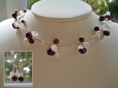 freshwater pearls, rose quartz and Thai silver necklace and earrings