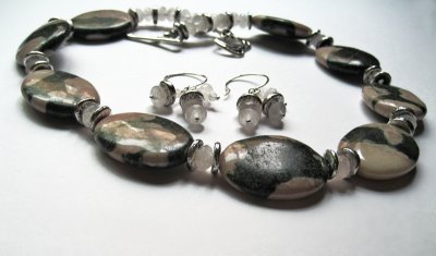 pink zebra jasper, rose quartz and Myconos silver necklace and earrings