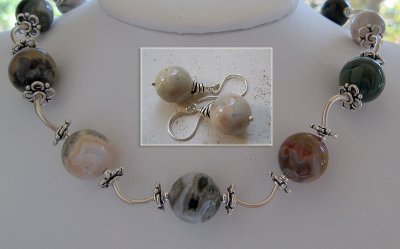 ocean jasper, Thai and Bali silver necklace and earrings