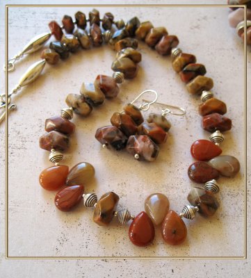 Australian red riverstone, Oregon jasper and Thai silver necklace and earrings