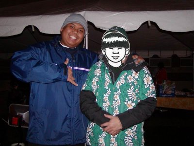 Aurelio and me. I had to wear that aloha shirt, but it was cold, so luckily it fit over the coat