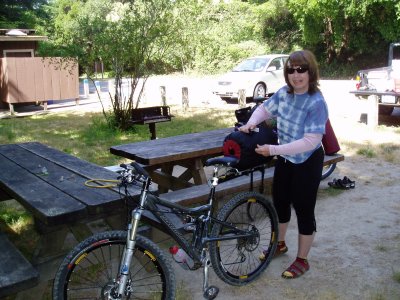 Day 1: Cathy packs her bike. Butano State Park, Pescadera CA.