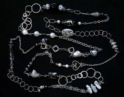 Sterling Silver 80 inch with pearls, jasper, and blown glass