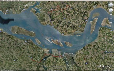 Biervliet Nisse Google Earth (24,7 km) (Blauwe lijn is bus door Westerschelde tunnel)