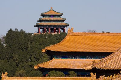 Main pagoda on top of Jing Shan park to the north of the Forbidden City.