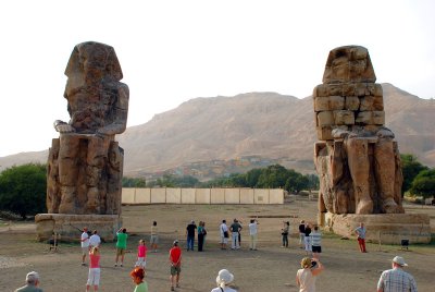 The Colossi of Memnon the 64 ft - 19m twin statues of Amenhotep III are all that remains of a once great temple