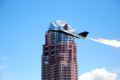 The F1-11 flying through the highrise buildings