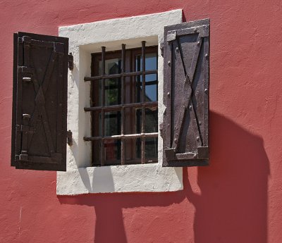 Pink Wall Window with Shutters