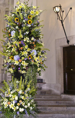 Flower display at the entrance to the Chapel at the Royal Hospital Chelsea.