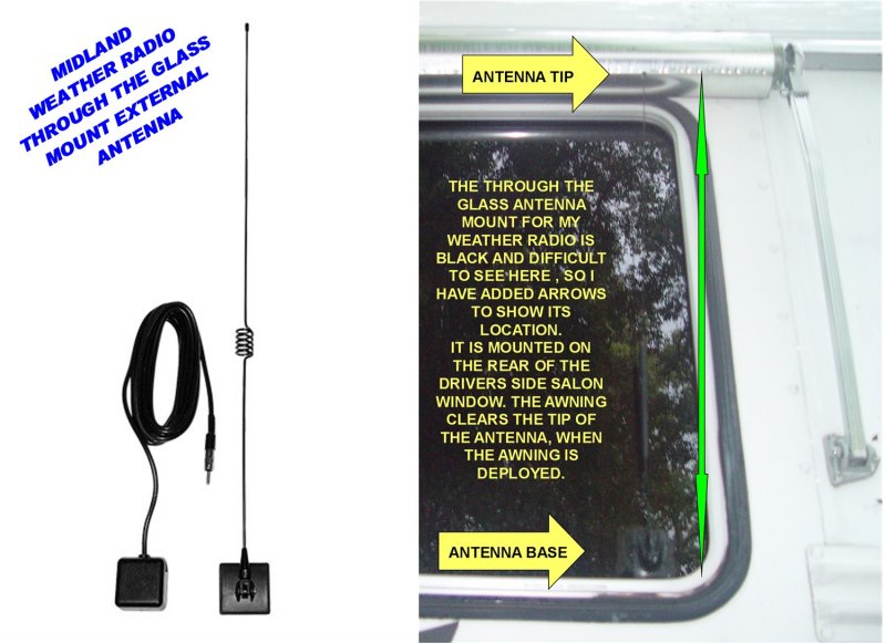 THE EXTERNAL ANTENNA FOR THE WEATHER RADIO IS MOUNTED TO THE SALON WINDOW ON THE DRIVERS SIDE