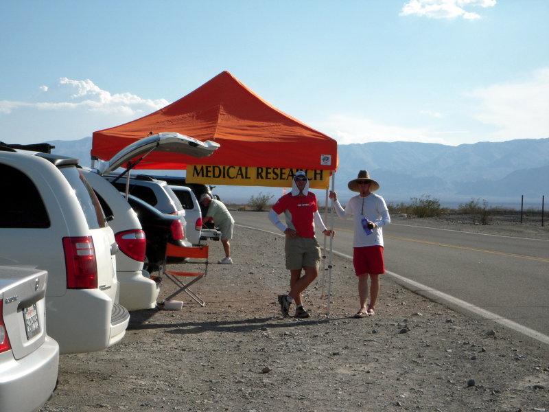 Dr. Brent Ruby and his research gang at Panamint Springs, mile 73 on the course