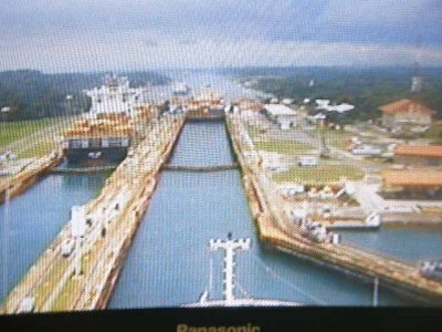 This view on our TV of the third lock was straight ahead from the bridgecam, and narrated by the ship's lecturer.JPG