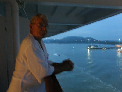 Chris and Puente de las Americas at daybreak as we head into the Panama Canal.JPG