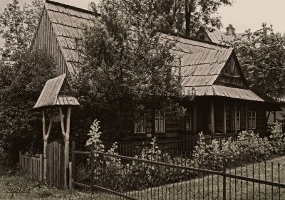 and wooden highlander`s cabin