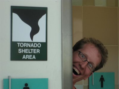 Roy at a Tornado shelter at the Will Rogers airport  in Oklahoma