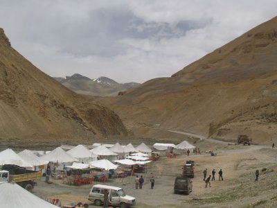 A parachute tent camp (dhaba), where travelers can stop along the road for a tasty bowl of thukpa or some such other hearty Tibe