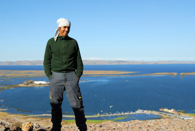 Marcos on Cerro Asogini with Lake Titcaca, Puno