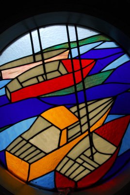Stained glass window of sailboats, Brighton Pier
