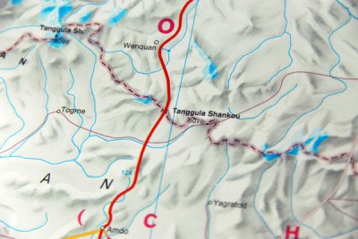 Map showing the area around Mount Tanggula (6070 m) on the border between Qinghai Province and Tibet Autonomous Region