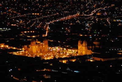 Night view of Cuscos Plaza de Armas from the main road from Abancay