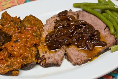 beef pot roast with caramelized mushrooms and eggplant pickled style