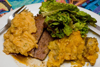 beef pot roast with paprika mashed potatoes, stuffed morel mushrooms
