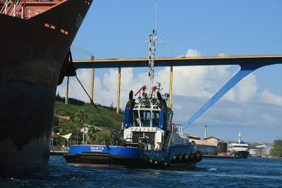 Tug boat pulling a cargo ship