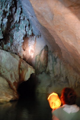 Lou illuminates the inside of Barton Creek Cave.