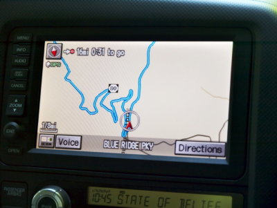 GPS map on the dash of my car showing the extremely winding detour to the Parkway