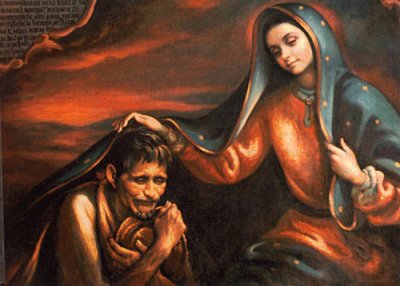 Our Lady of Guadalupe sheltering Juan Diego and all of her children under her mantle.