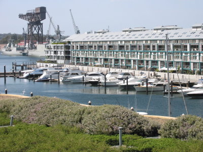 A marina in Sydney Harbour. Russell Crowe lives in the upper-left apartment