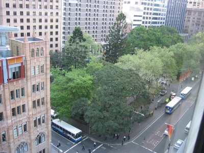 A view of the street below from our hotel room (Travelodge Wynyard)