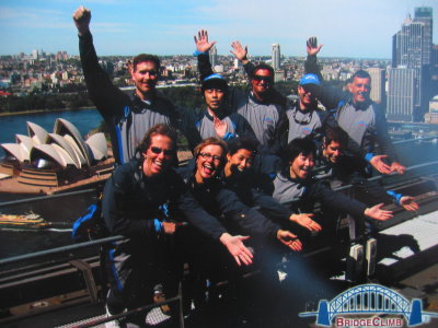 Group photo of our bridge climb group at the top of the bridge