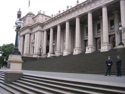 A view of the Parliament of Victoria. Notice the two Victorian police officers standing guard. This picture was taken on a Sat