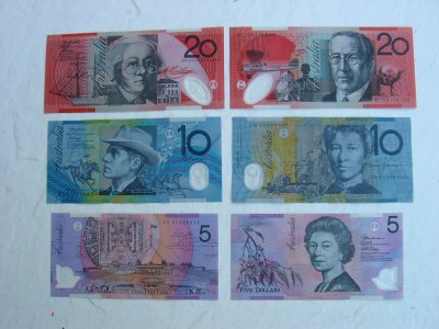 Australian $20, $10 and $5 bills (front and back). It looks and feels just like Monopoly money