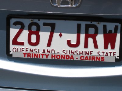 Here is what a license plate looks like in Australia. Cairns is located in the state of Queensland
