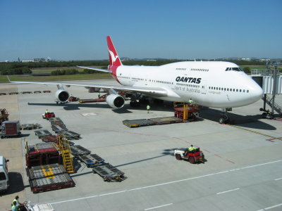 A view of our plane before we board from our flight back from Brisbane to Los Angeles. This is a Qantas Boeing 747-400