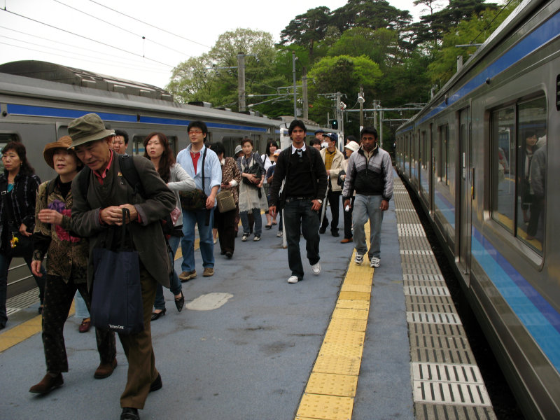 Stepping off the train at Matsushima-kaigan Station