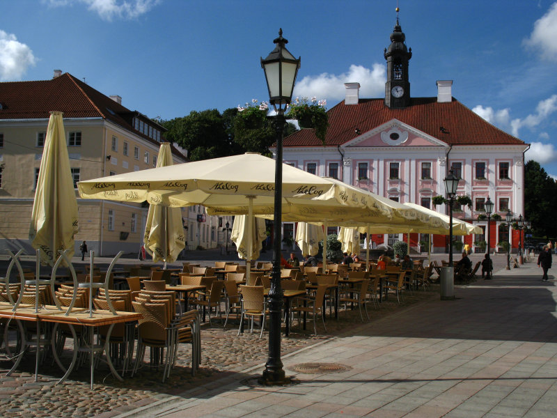 Empty outdoor seating on the square