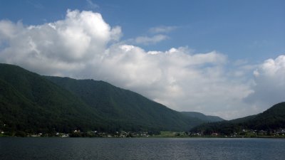 Hills and summer sky over Kizaki-ko