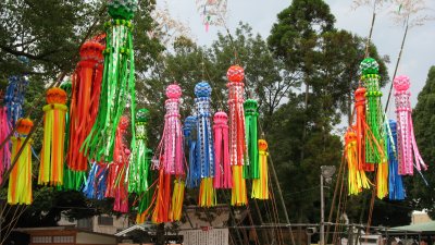 Groups of streamers hanging near the shrine
