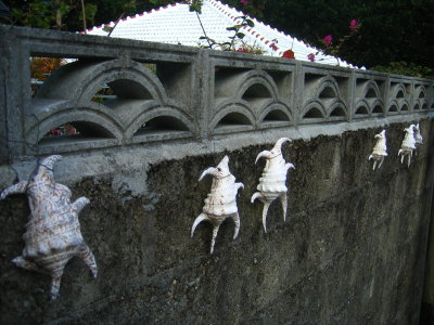 Shells decorating a concrete fence