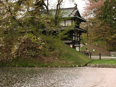 Blossom filled moat with Higashi-mon